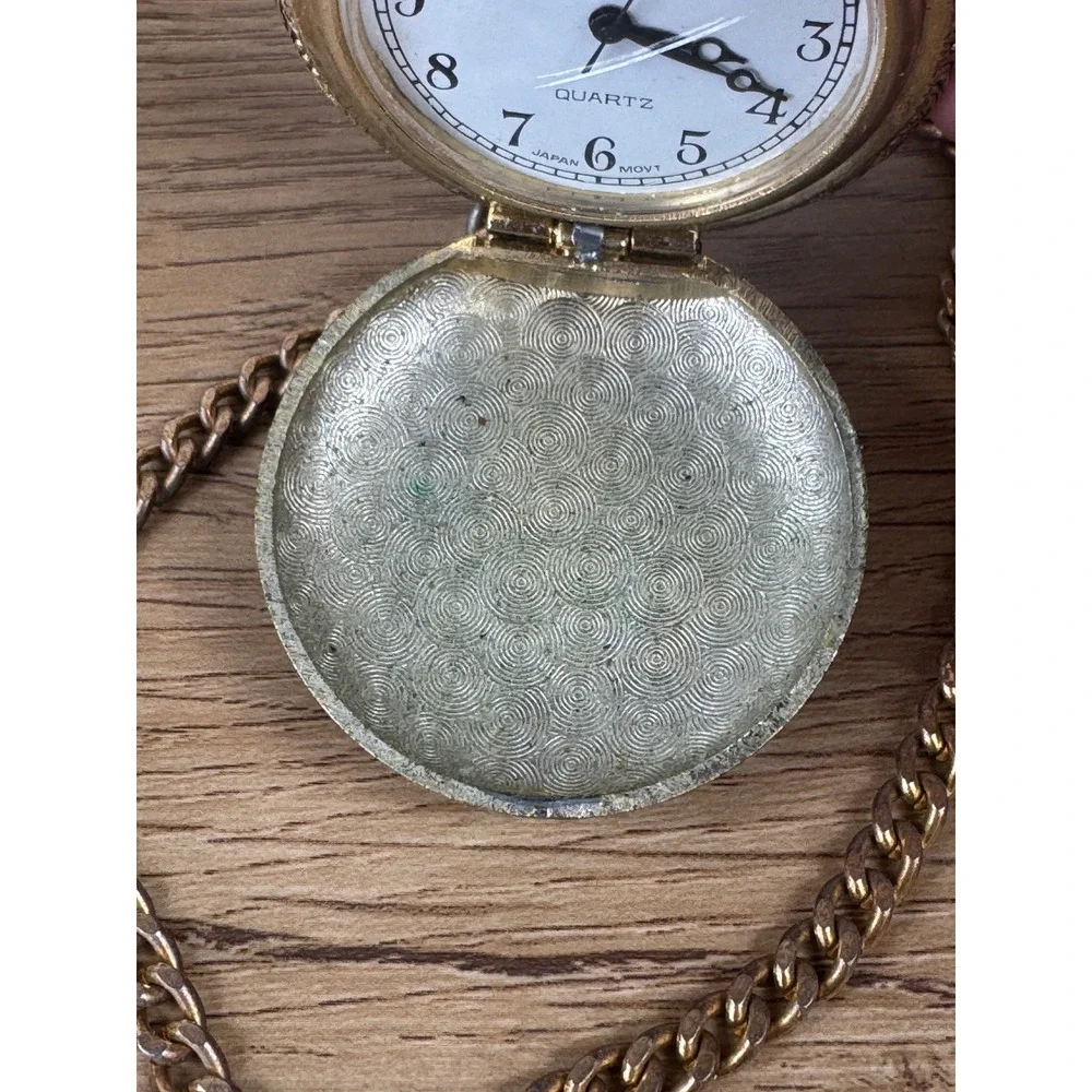 Azur Pocket Watch Gold Tone Vintage Car Embossed Quartz Chain